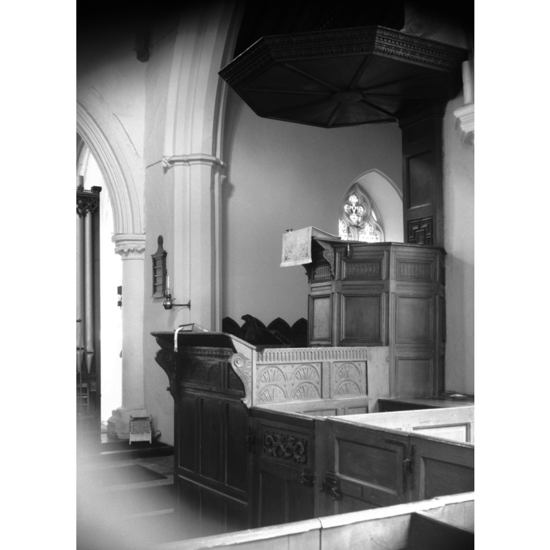 Photo caption: "Jacobean 3 decker pulpit with backboard and canopy"