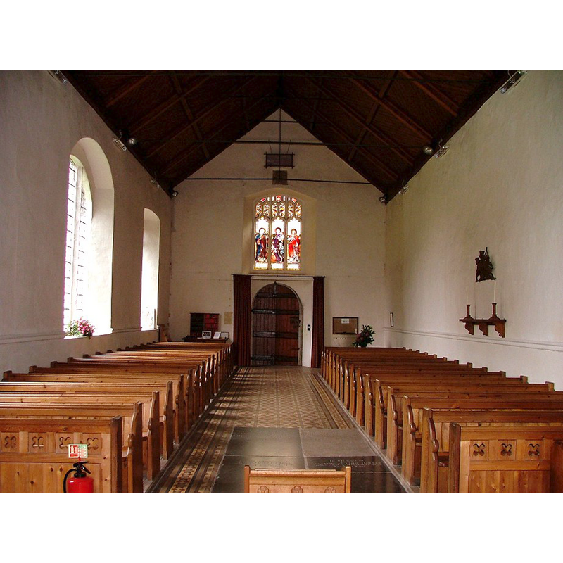 the modern font partially visible at the far [west] end, right [north] side