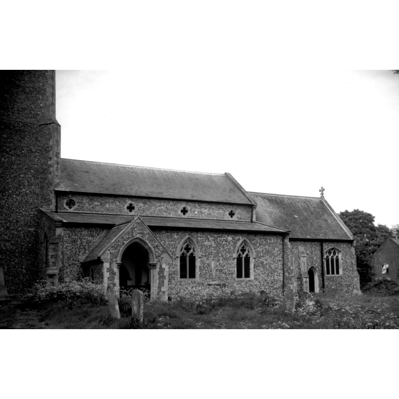Photo caption: "Decorated but chancel added in 1869 by Phipson"