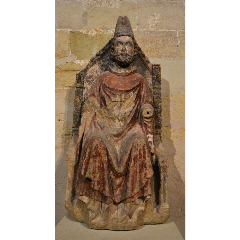 ca.1400 stone statue from San Pedro el Viejo, now in the Diocesan Museum, Huesca -- Photo caption: "Estàtua de sant Pere Papa, pedra policromada. Cap el 1400, restaurat en 1999. Procedeix del monestir de Sant Pere el Vell de la ciutat d'Osca. Museu Diocesà, Osca."