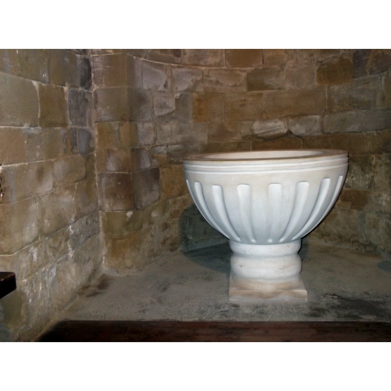 one of two modern fonts in the monastery; this one is located inside the church