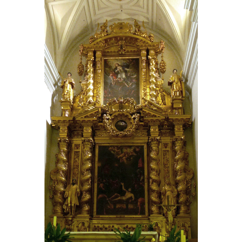 the Baroque retable of the main altar -- Photo caption: "Huesca - Iglesia de San Lorenzo - Retablo mayor - Estru[c]tura de Sebastián Ruesta; escultura de Gaspar Ramos - Concurso en 1648; dorado en 1676; pinturas donadas en 1678."