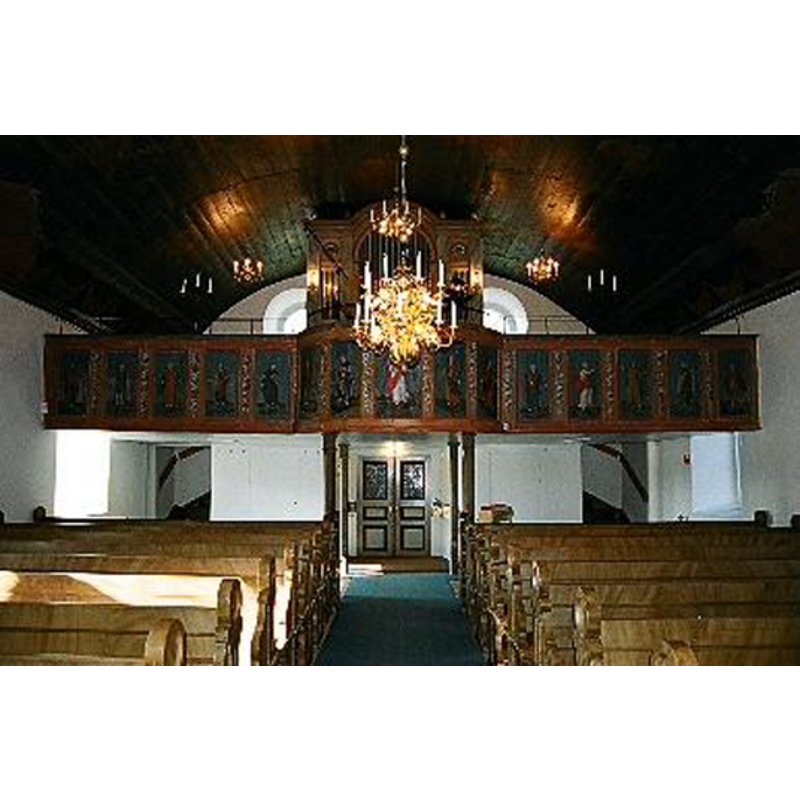 Photo caption: "Långhuset i Hajoms kyrka sett mot koret, från V."