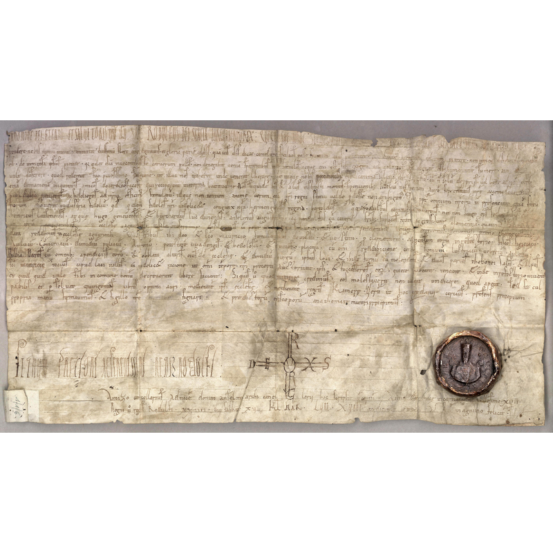 Photo caption: "Acte de donation du roi de Bourgogne Rodolphe III à l'abbaye Saint-Maurice (15 février 1018). Source : Fondation des Archives Historiques de l'Abbaye de St-Maurice"