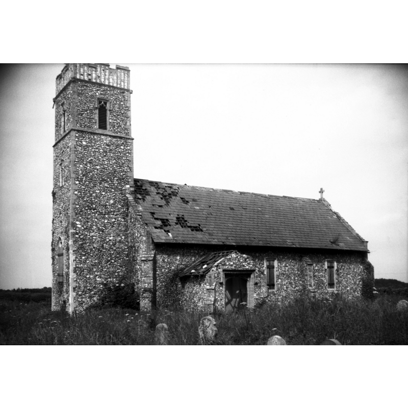 the ruins in July 1978 -- Photo caption: "Rebuilt in 1847 except for the base of the tower, after having been in ruins for over 200 years"