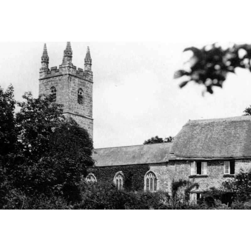 Photo caption: "St Bridget's Church and Church Cottage. As in many Devon and Cornish parishes the Church Town at Bridgerule, comprising the ancient church and a few nearby houses, stands some distance outside the village. This historic photograph was taken by the grandson of the Revd Frank Hawker Kingdon who was Vicar of the parish for seventy years from 1888-1958."