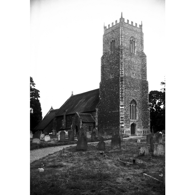 The church exterior seen approximately two years before the 1981 fire -- Photo caption: "The church is completely thatched. The square west tower dates from 1447. Margaret Paston who spent much of her girlhood at Reedham Hall, sent eight shillings and fourpence towards the cost of building it"