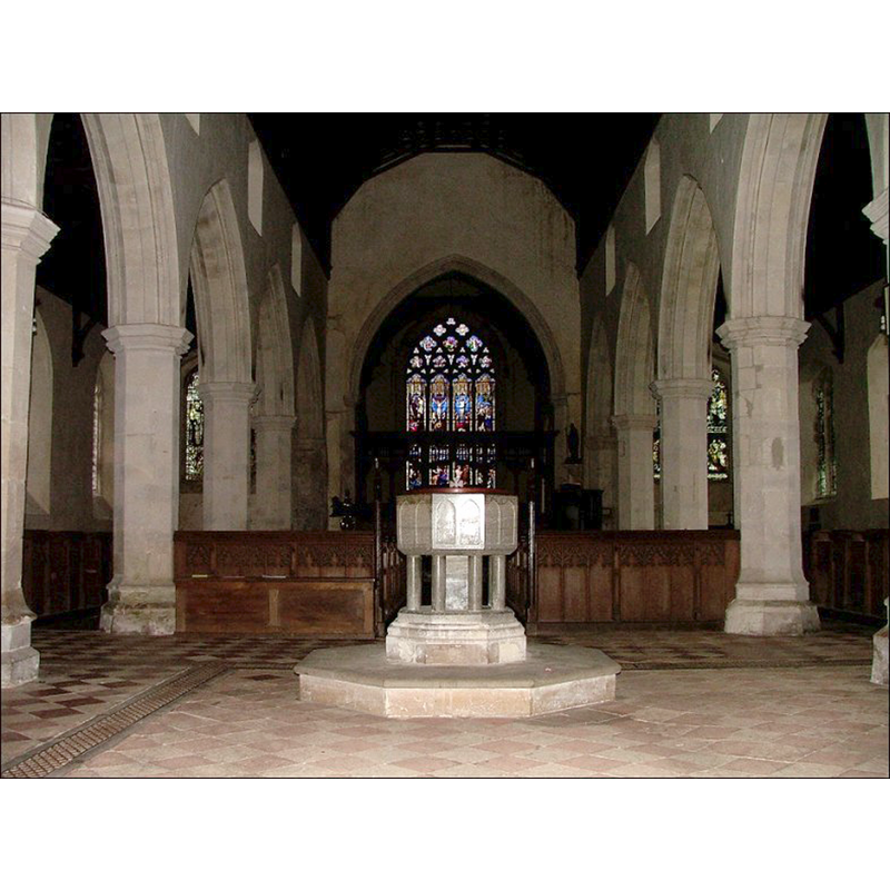 view from the west end with the font in the foreground