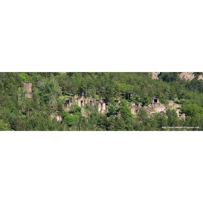 the church is visible on the left, in the context of the abandoned village