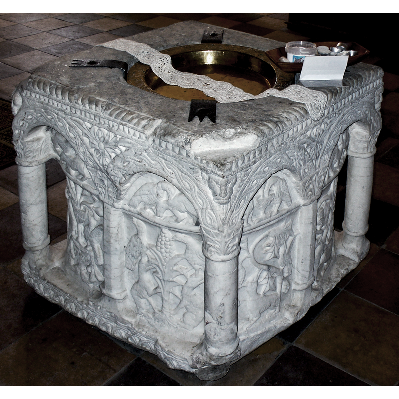 a number of scenes with birds drinking from fountains or chalices, picking at fruit, fighting (?), etc.; on the sides of the basin proper