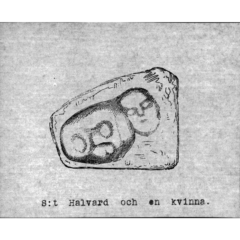 drawing of a fragment from the old church here; identifies the large head as that of St. Halvard, patron saint of the old church -- Image caption: "Teckning av St Halvard och kvinnan".