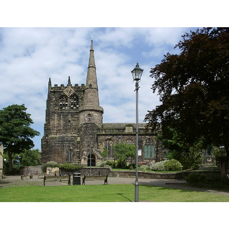 Photo caption: "Church of St. Peter and St. Paul. Clock tower was built in 1536 to hold bells from Burscough Abbey following dissolution of monasteries."