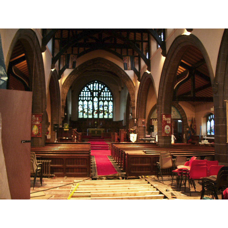Photo caption: "St Thomas Church, Ashton-in-Makerfield, Interior. At the time of visit the floor had been partly taken up and was being repaired."