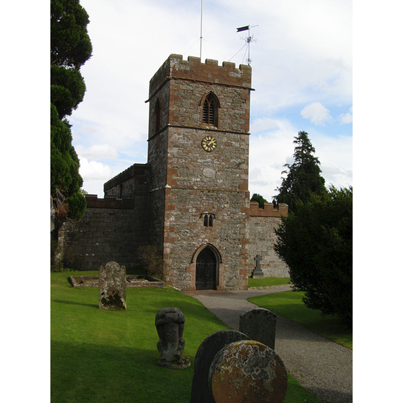 with a partial view of the churchyard, including one of the stone bears