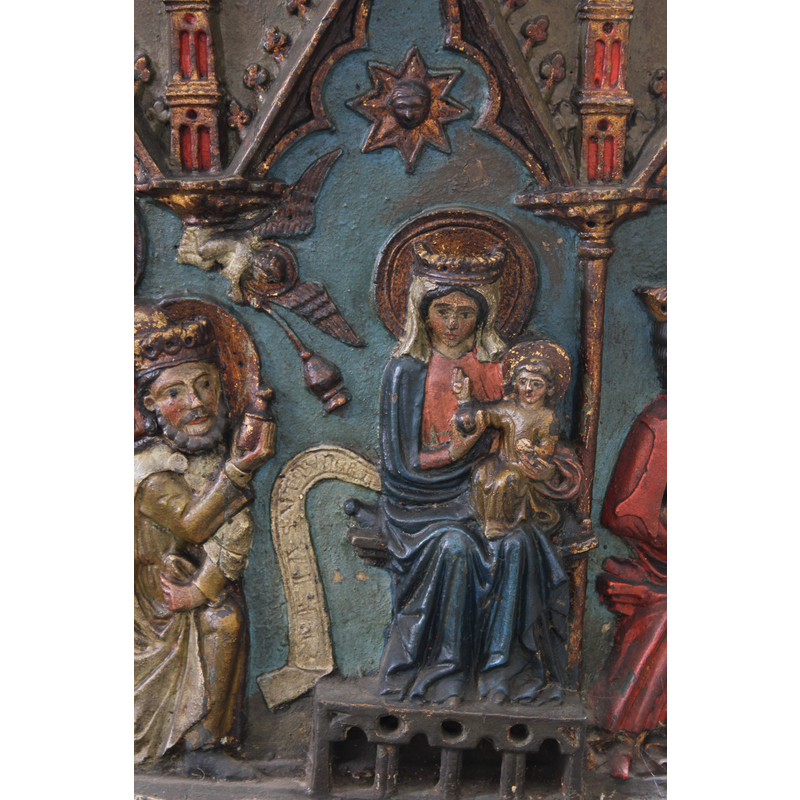 crowned and haleod Madonna with haloed Child -- the scroll bears an inscription