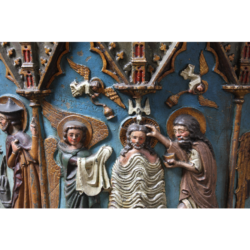 notice the word "BAPTISTA" incised in the blue background between the censing angel and the angel holding Christ's garments