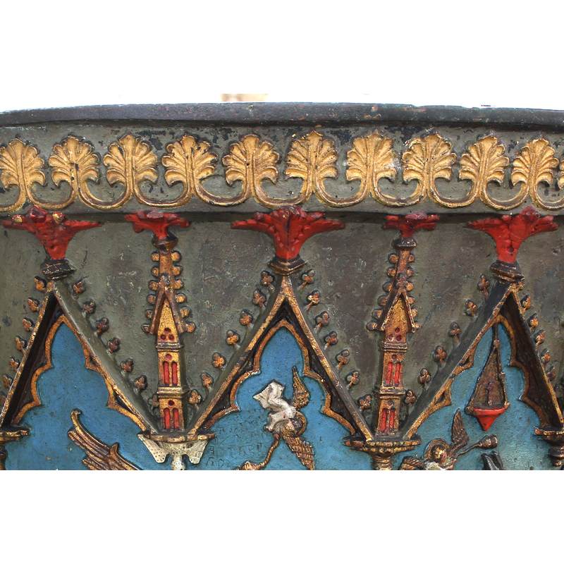 some of the arches supported on single columns with moulded capitals and bases; the pinnacles ending in bright-red foliated finials