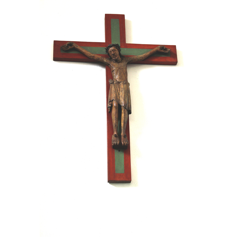 Romanesque crucifix of linden wood originally from the late12thC; altered in the 14thC and restored in the 1960s. The cross itself is a modern replacement.