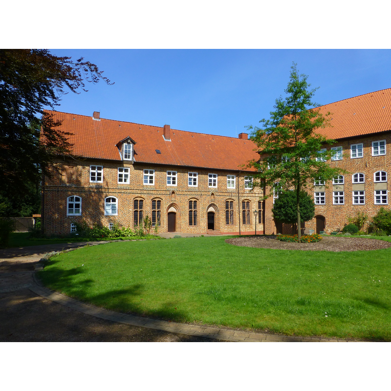 the abbey grounds near the church; some of the buildings connect directly to the church building