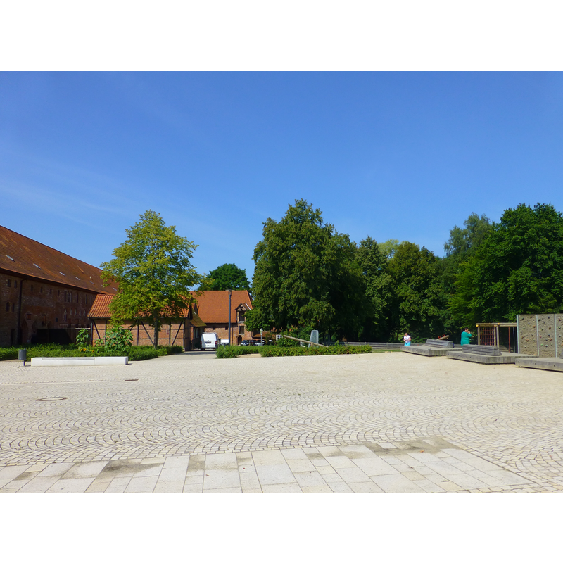the abbey grounds near the church; some of the buildings connect directly to the church building