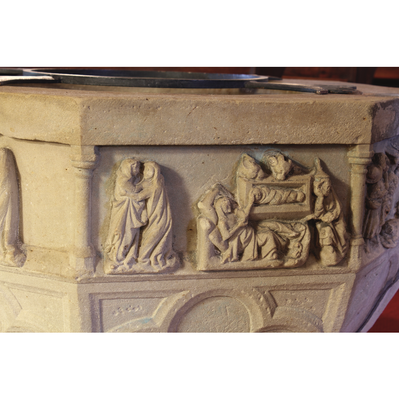 two scenes share the northwest side of the basin: on the left, the Visitation [NB: orientation is approximate]