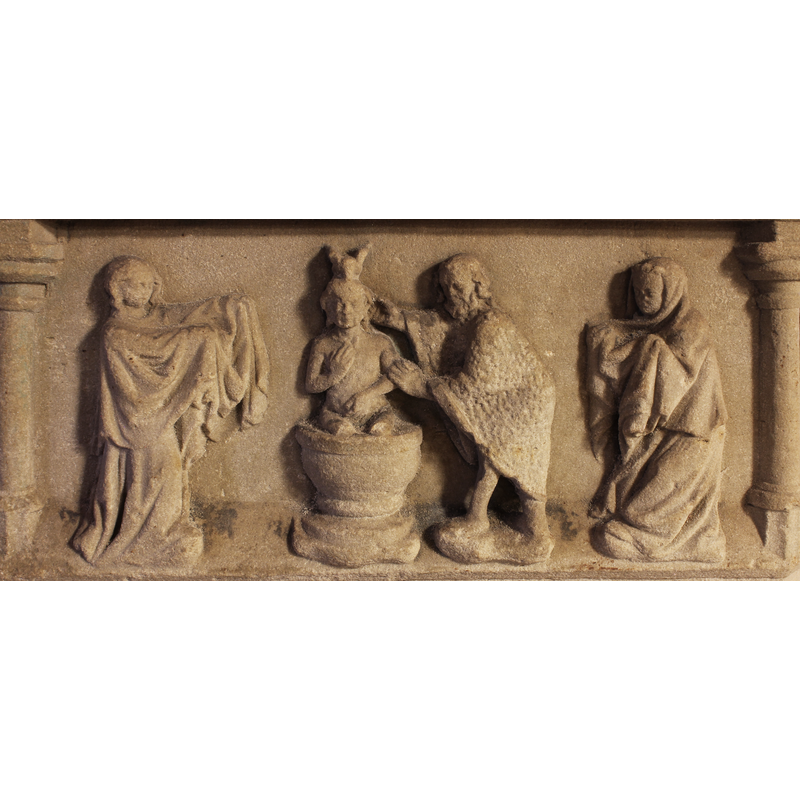 the two attendants are not winged; the font is of the traditional hemispherical type -- on the southwest side of the basin [NB: orientation is approximate]