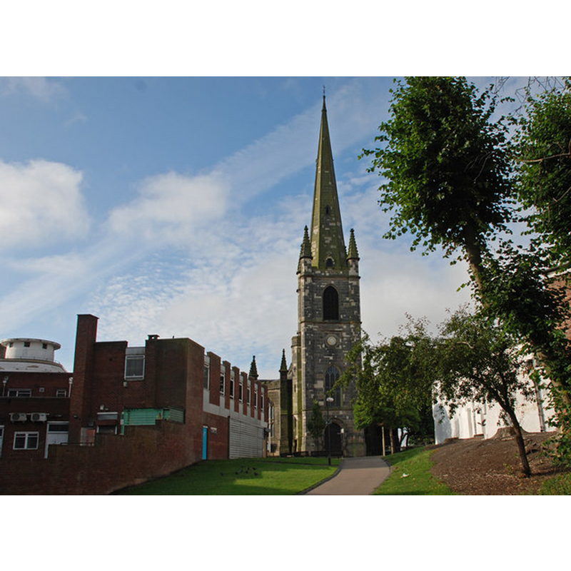 Source caption: "The Inhedge Gardens, Dudley. View of the footpath leading to Upper High Street and St Thomas's Church."