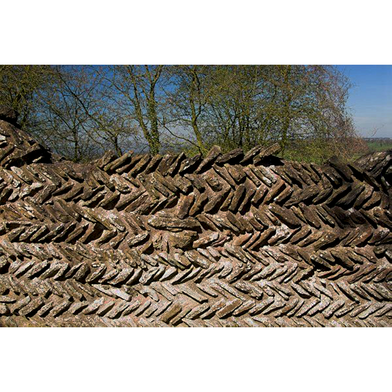 Source caption: "Wall of the nave, showing Norman herringbone construction pattern. This section was built in the late 11th century."