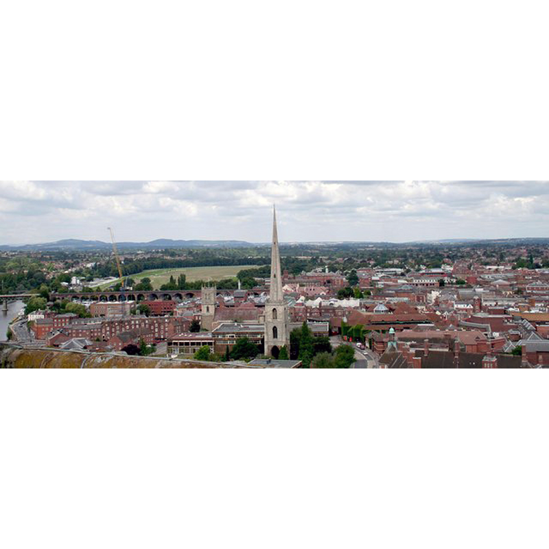 Source caption: "Glover's Needle, Deansway, Worcester. Taken from the top of the cathedral tower looking north-north-west. St. Andrew's church has been pulled down except for the perpendicular tower with the impressive spire. Worcester was famed for its glove making industry in the 19th century."