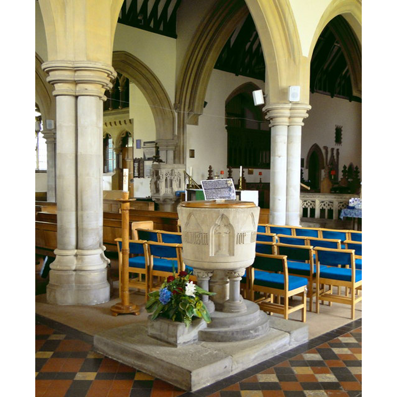 Source caption: "The Henry Woodyer font, minus its original cover, now in the local museum." [NB: Henry Woodyer's 1864-1865]