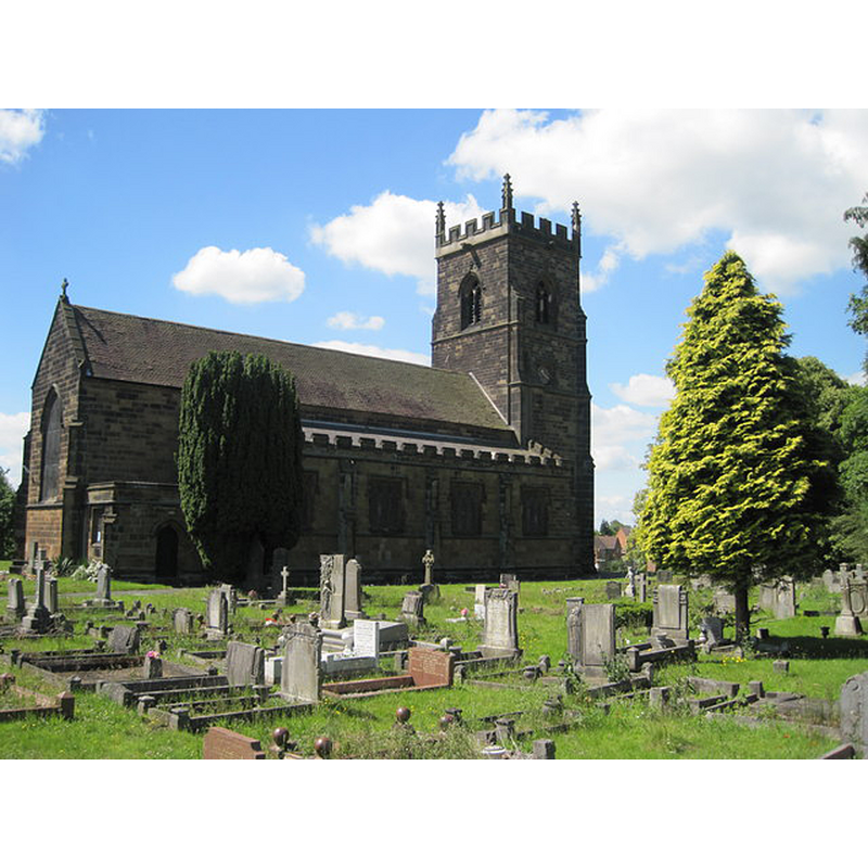 Source caption: "The sandstone church of the Holy Trinity in Dawley was built 1845 and was designed by Harvey Eginton of Worcester. It replaced Dawley's old Norman church which stood a little to the south-east of the present church. The earliest part of the church is probably its font, which dates back to the Norman period (12th-century)."