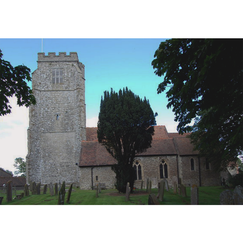 Source caption: "A large church in a bizzarre farmyard setting. Dates from 11th C. onwards, but mostly 14-15th C. under the patronage of the Archbishop of Canterbury, whose Manor this was. 16th C. tower was originally separate and joined later. It was used as a beacon to seamen due to its height. There is a medieval rood screen and stalls with misericords, and a pulpit with a Pelican-in-her-piety carving. Norman font."