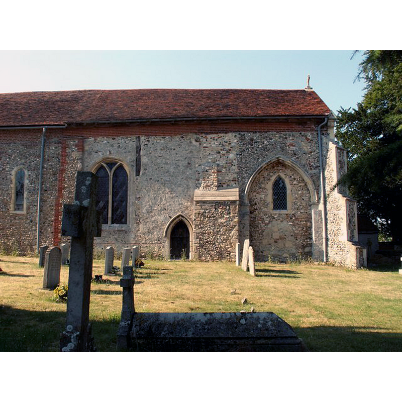 Source caption: "The Priory church of St. Mary & St. Laurence, Great Bricett, Suffolk. This church is a fragment of an Augustinian priory that was founded by Ralph Fitz-Brian in the year 1115. The picture shows the east end of the church and the blocked arch was the way through to the south transept that has long disappeared. Other parts of the priory are incorporated in an adjoining farmhouse."