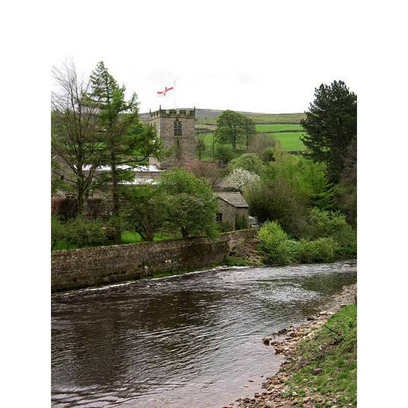 Source caption: "The Swale at Grinton with the church beyond. The Swale occasionally rises to within a couple of metres of the wall top by the churchyard."