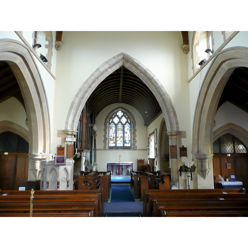 Source caption: "St. Michael and All Angels' church, Claverdon - interior. Looking along the Victorian nave and chancel"