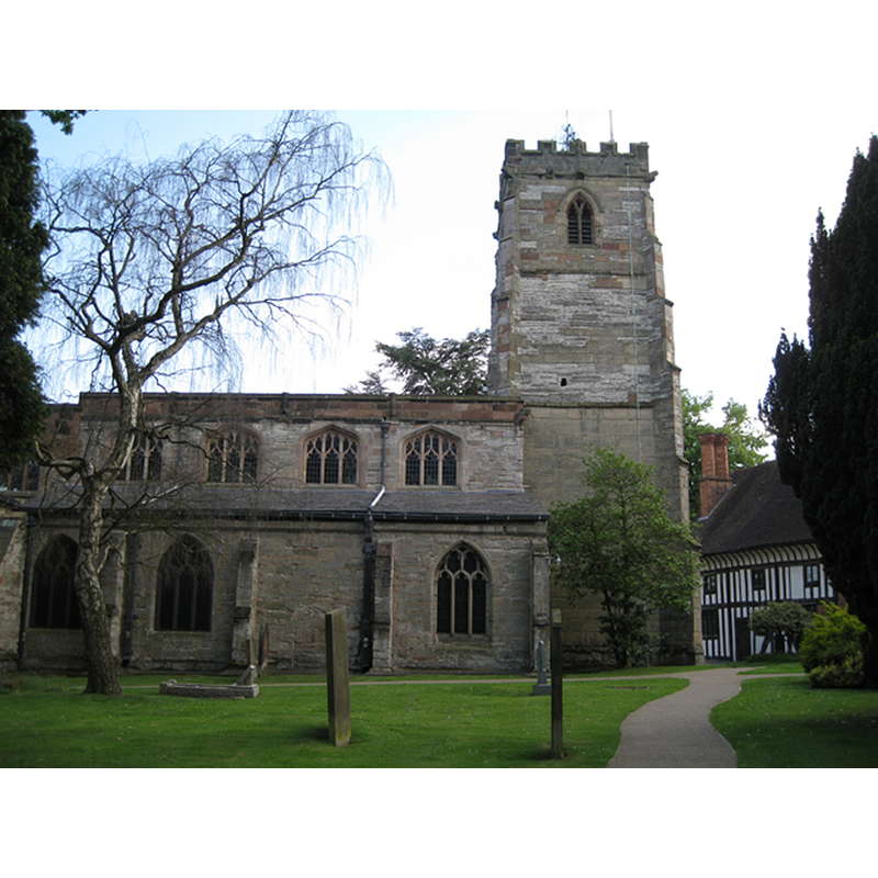 Source caption: "Knowle Parish Church from the north. The side of the Guild House can be seen on the right."