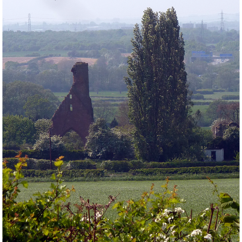 Source caption: "Priory remains, Maxstoke. A distant zoom shot from Green End Road in the next square to the east. Various ruins on the site can be seen from the road passing by."  The tall structure to the left of the tree is what remains of old priory church tower.
