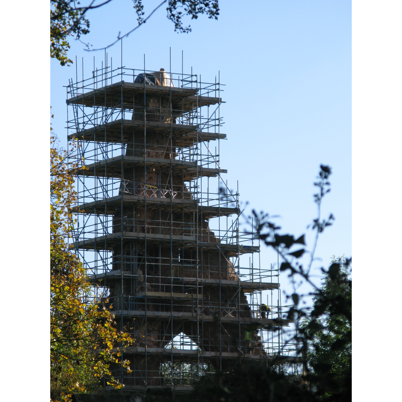 the remains of the old priory church tower; the scaffolding was part of the works to stabilise the old structure