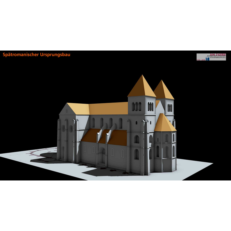 Source caption: "3D historical restoration of the Romanesque-period form of the St. Sebald Church. It was errected in the 13th Century as a late Romanesque pier basilica with two choirs. Consisting of a three aisled nave and a one aisled transept, it had an east and a west choir. The church was in this form between 1225-1309."