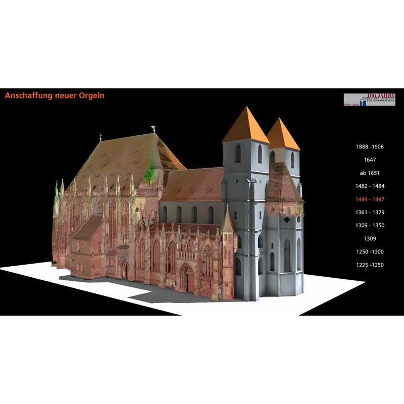 Source caption: "Historical Restoration showing the late Gothic East Choir addition, Saint Sebald Church. This historic restoration shows the Gothic enhancement on the East Choir. During 1361-1450, the old Romanesque East Choir was completely reconstructed and transformed into a Gothic choir design. This view is a combination of 3D digital historic restoration and a point cloud from the laser scan of the current condition of the Church, seen here in reddish-brown."