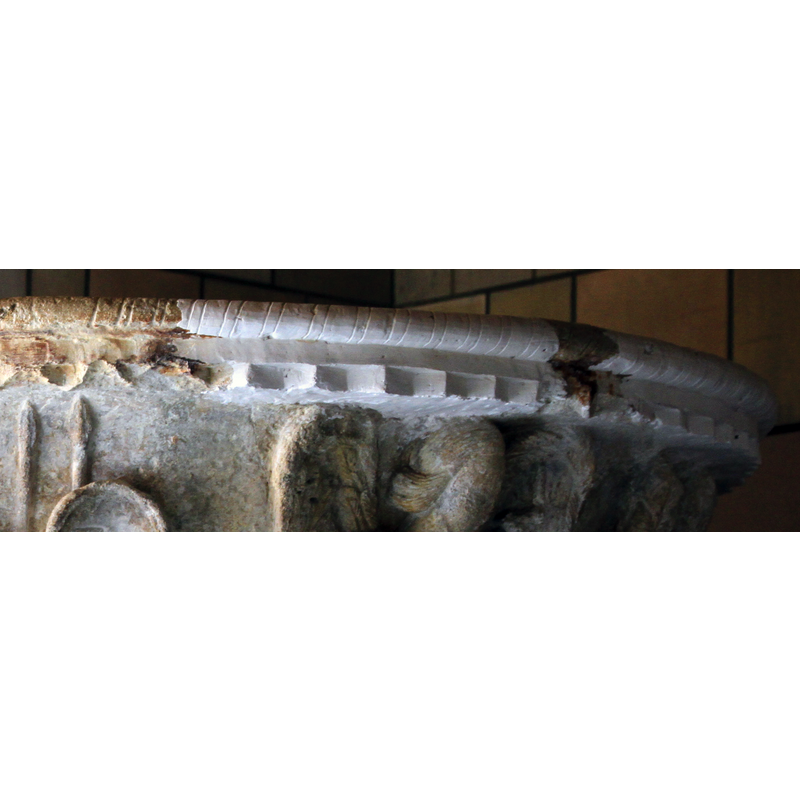 between crenellated and zig-zag, depending on the side of the basin -- showing here both the original work (left) and the restoration (centre and right)