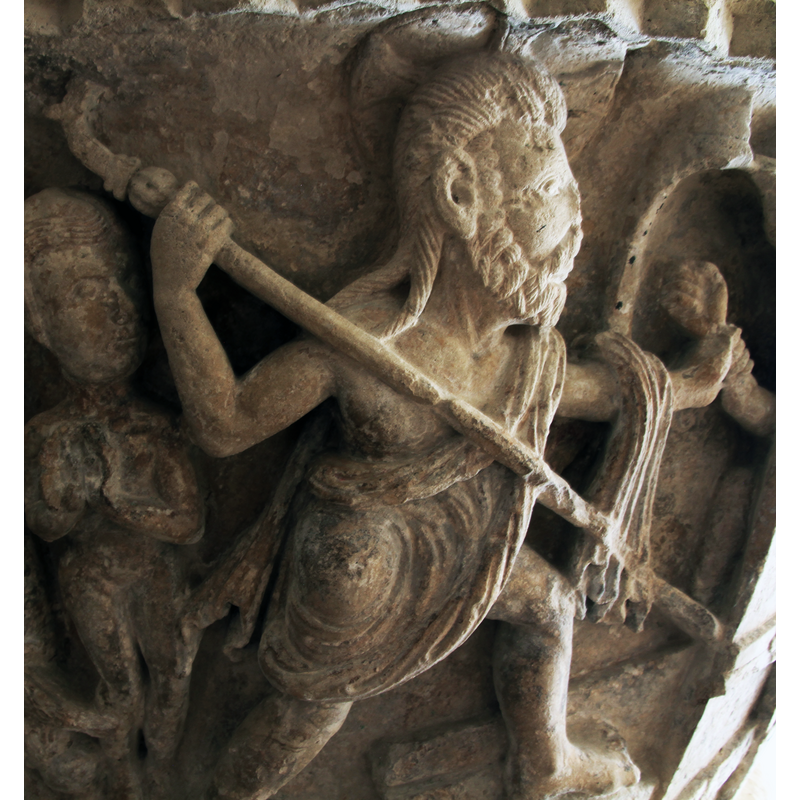 a very dynamic rendering of the Harrowing scene: Christ, a cruciferous halo on his head and a baculum in his right hand, bursts through the gate of Hell to rescue the souls; an already rescued soul stands in prayer to the left
