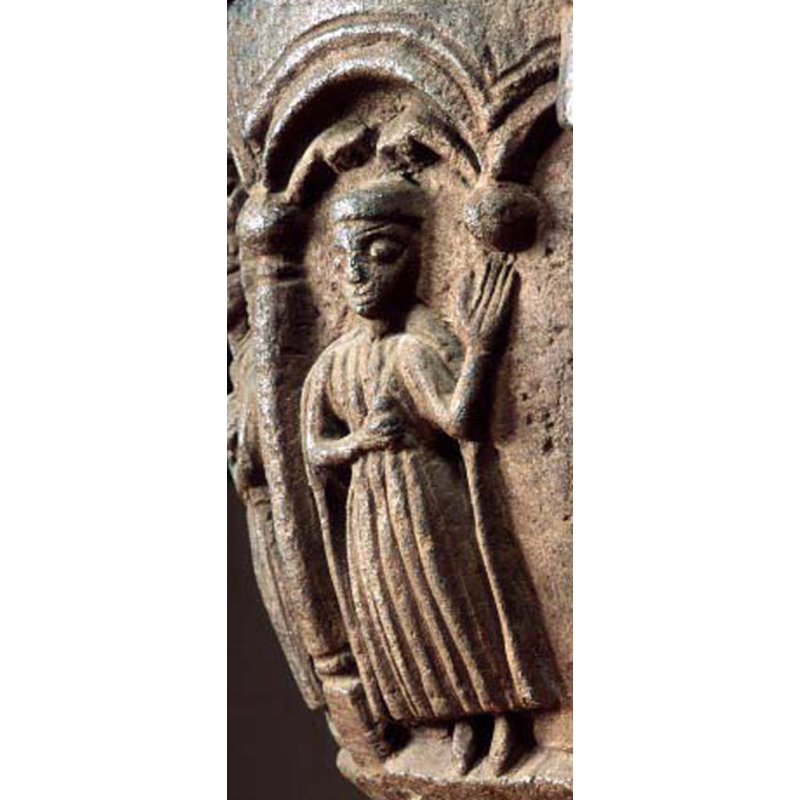 standing; head with tonsure or head covering; wearing cape; right arm around the waist; left arm raised with palm out