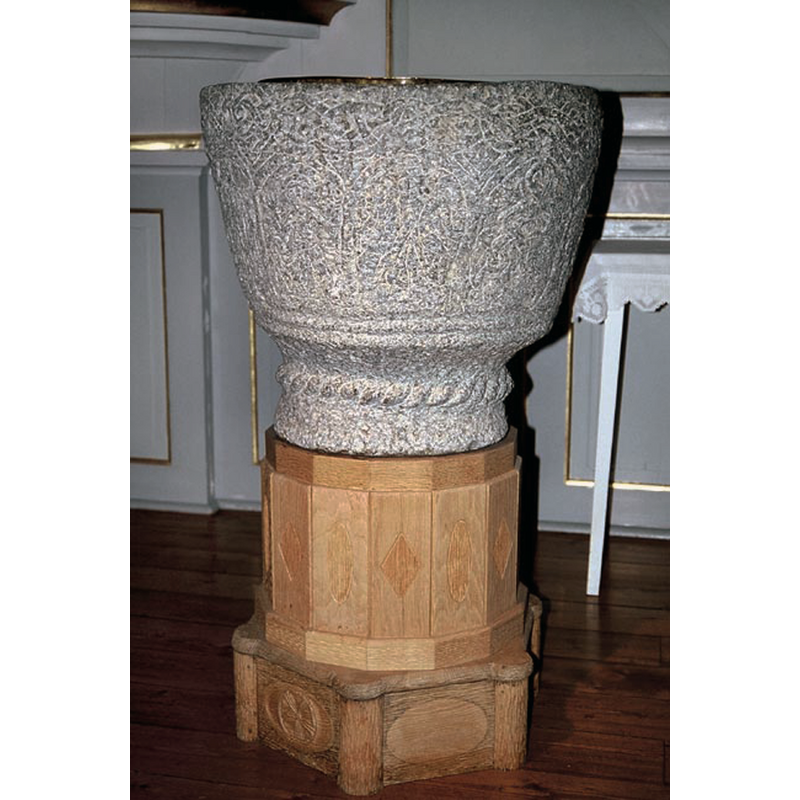 the medieval basin standing on its new wooden base