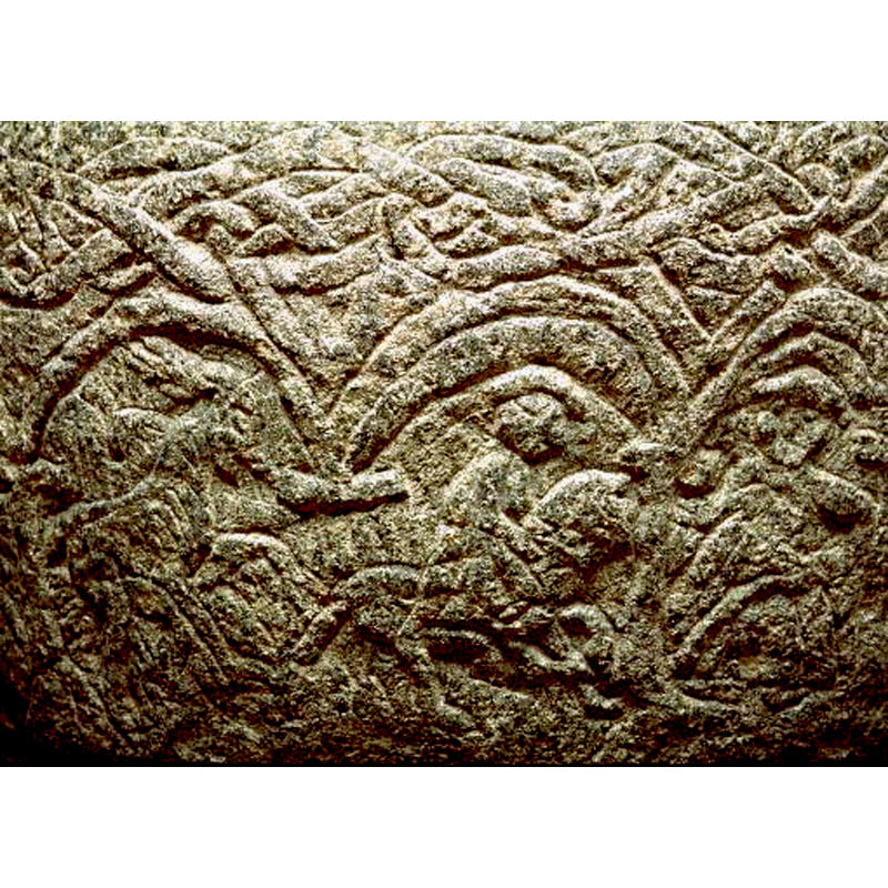 the context of three of the arches: a possible deer in the leftt arch; a rider in the centre arch; a prominent figure' in the right arch -- caption in the SHM's Medeltidens bildvärld: "hjort, ryttare och stående gestalt"