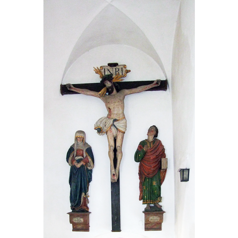 early-16thC Crucifixion group; with Mary and John -- perhaps contemporary with the old font fragment?