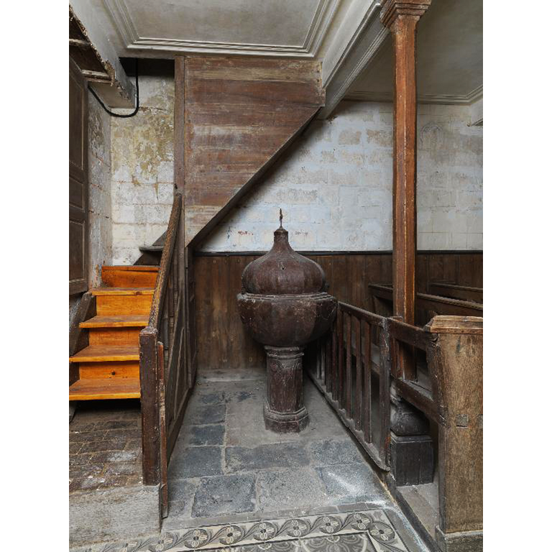 the 18thC font and cover in the context of the northwest corner of the nave, by the gallery stairs