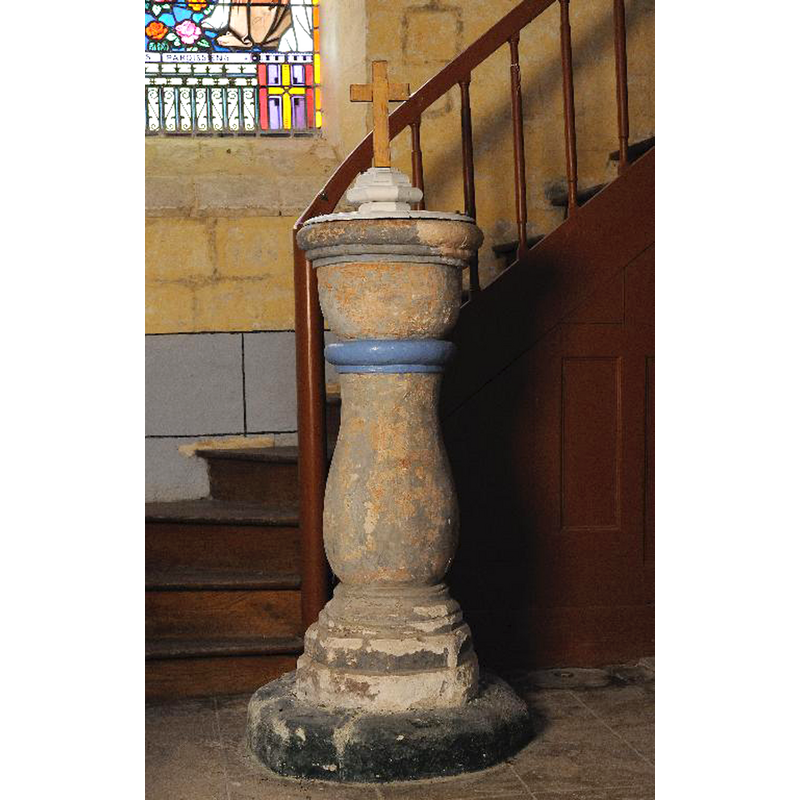 the font and cover in the context of the west end of the nave, by the gallery stairs