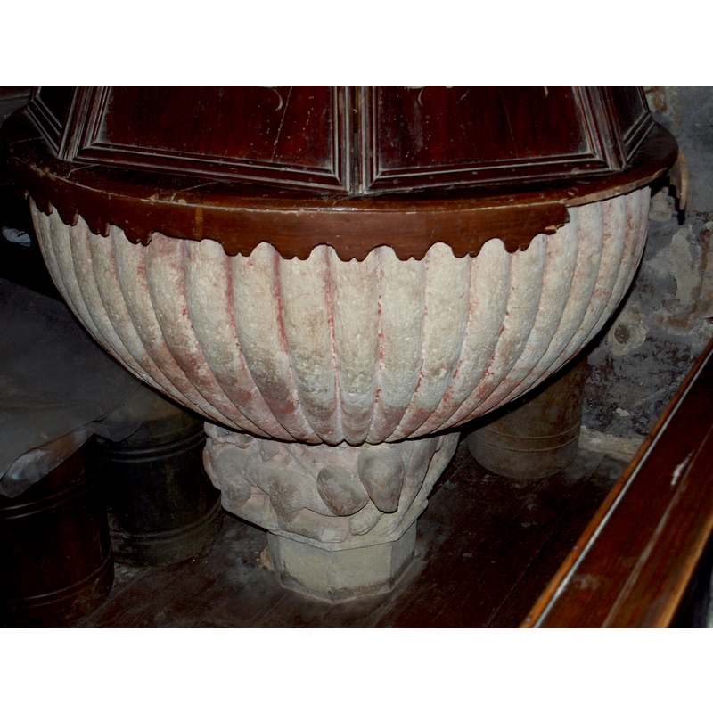 all around the basin and underbowl sides -- notice the scalloped overhang of the rim-buffet font cover; partially damaged
