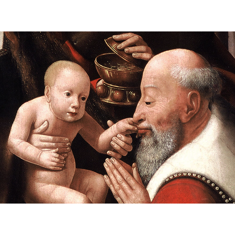 from the source caption of this image: detail of  the right panel of the "Tríptico da Capela dos Reis Magos da Igreja da Ribeira Brava [...] between 1510 and 1515 [...] 	Attributed to Master of the Morrison Triptych (fl. circa 1500)"